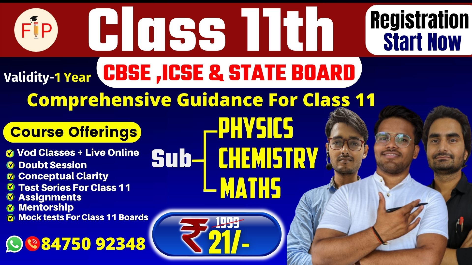 Class 11th (Phy,Che,Maths) English Medium